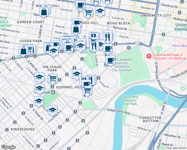 map of restaurants, bars, coffee shops, grocery stores, and more near 1234 South 45th Street in Philadelphia