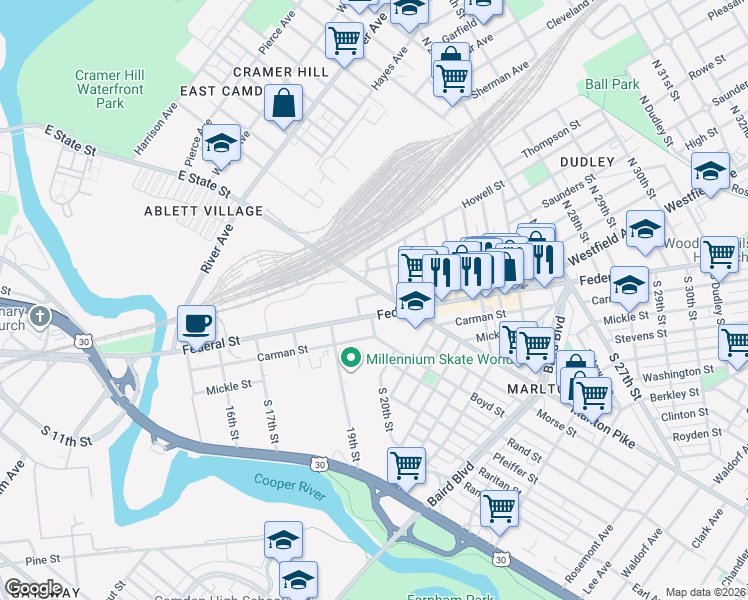 map of restaurants, bars, coffee shops, grocery stores, and more near 65 Stewart Street in Camden