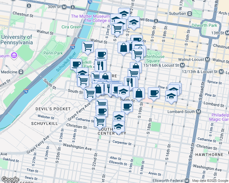 map of restaurants, bars, coffee shops, grocery stores, and more near 2110 Tryon Street in Philadelphia