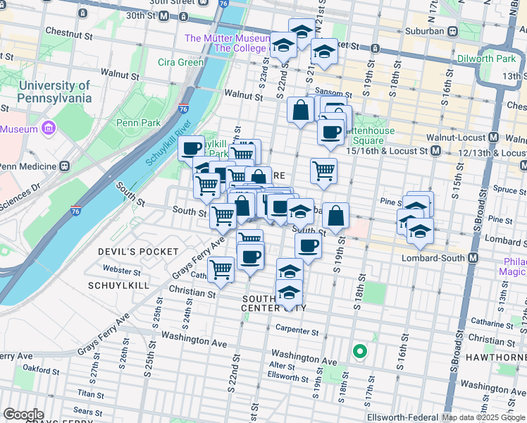 map of restaurants, bars, coffee shops, grocery stores, and more near 509 South 22nd Street in Philadelphia