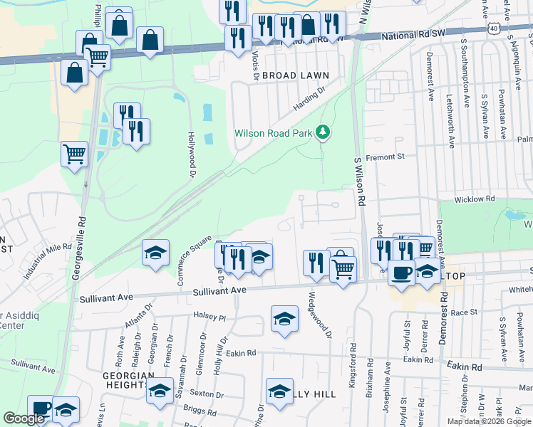 map of restaurants, bars, coffee shops, grocery stores, and more near 3732 Sullivant Avenue in Columbus
