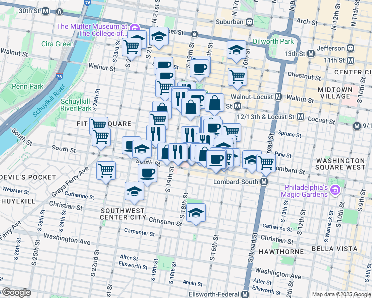 map of restaurants, bars, coffee shops, grocery stores, and more near 1818 Addison St in Philadelphia
