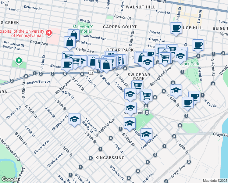 map of restaurants, bars, coffee shops, grocery stores, and more near 5008 Beaumont Avenue in Philadelphia