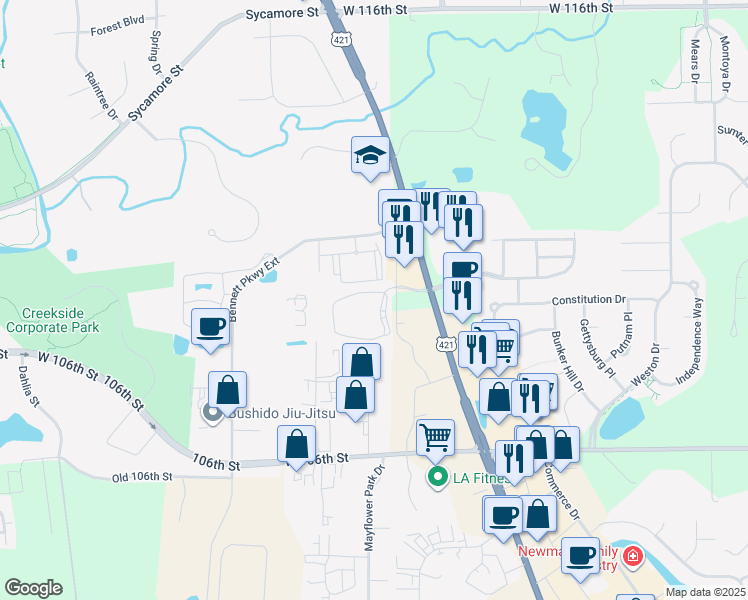 map of restaurants, bars, coffee shops, grocery stores, and more near 11089 Octave Drive in Zionsville
