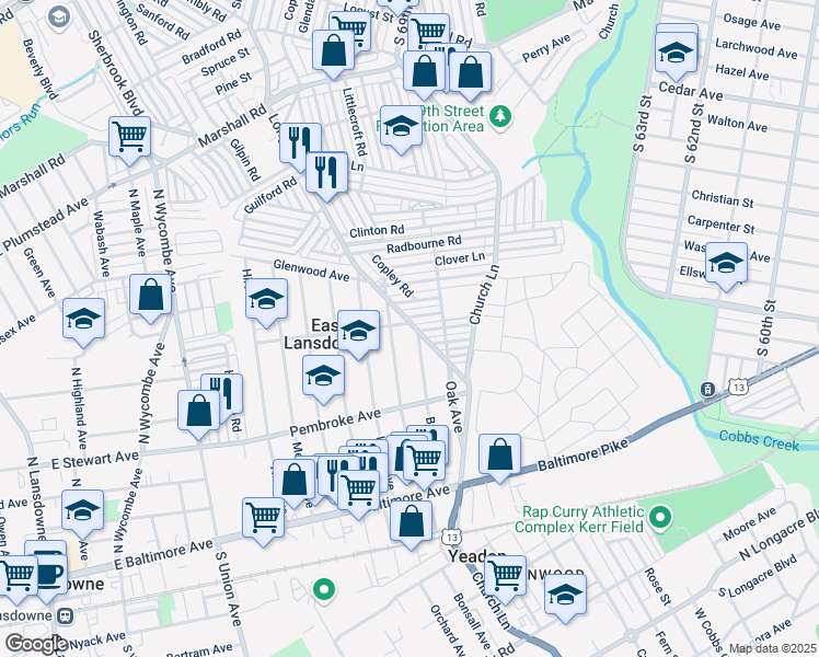 map of restaurants, bars, coffee shops, grocery stores, and more near 7138 Stockley Road in Delaware County