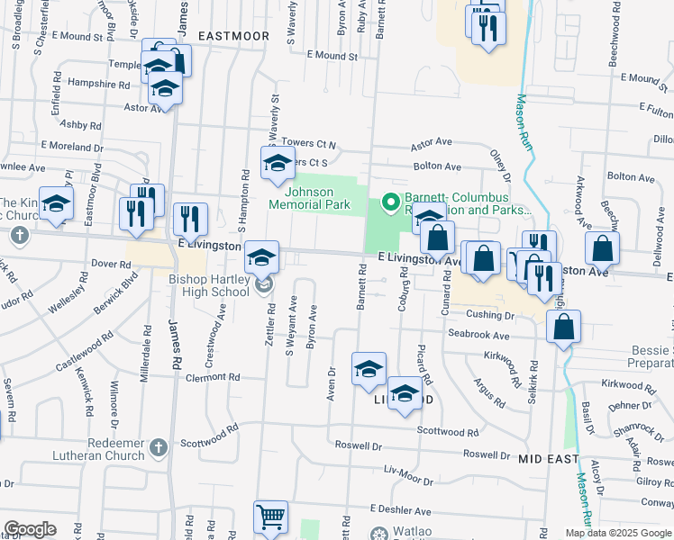 map of restaurants, bars, coffee shops, grocery stores, and more near 3341 East Livingston Avenue in Columbus