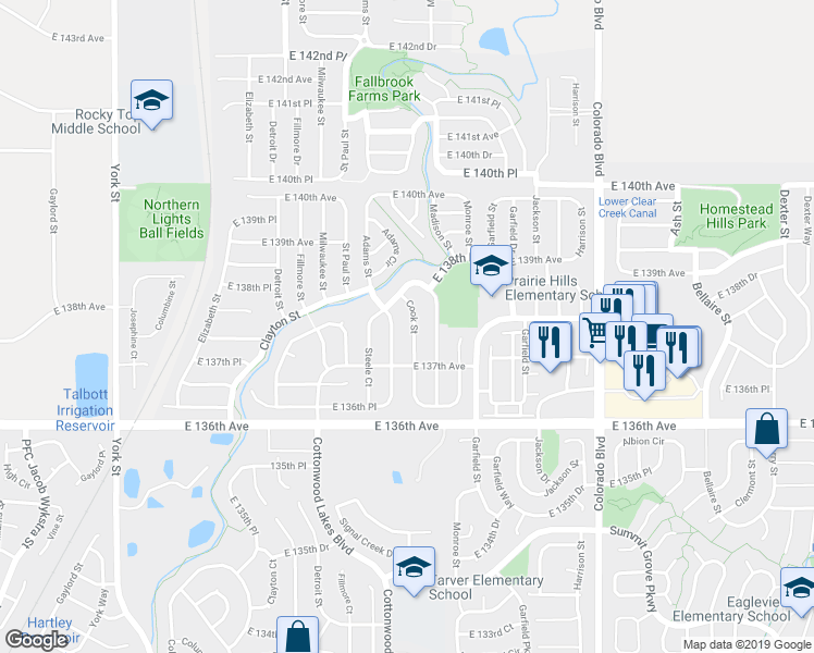 map of restaurants, bars, coffee shops, grocery stores, and more near 13761 Cook Street in Thornton