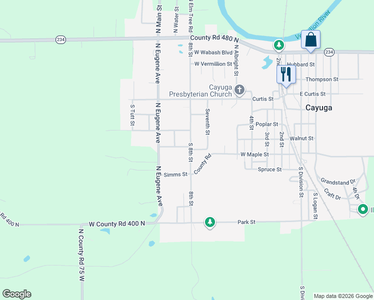 map of restaurants, bars, coffee shops, grocery stores, and more near 401 South 8th Street in Cayuga