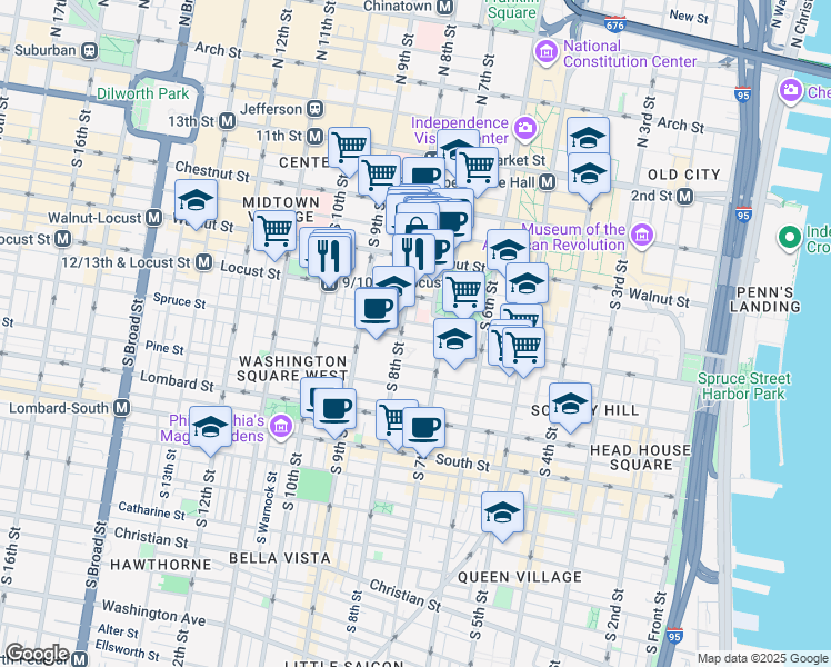 map of restaurants, bars, coffee shops, grocery stores, and more near 729 Spruce Street in Philadelphia