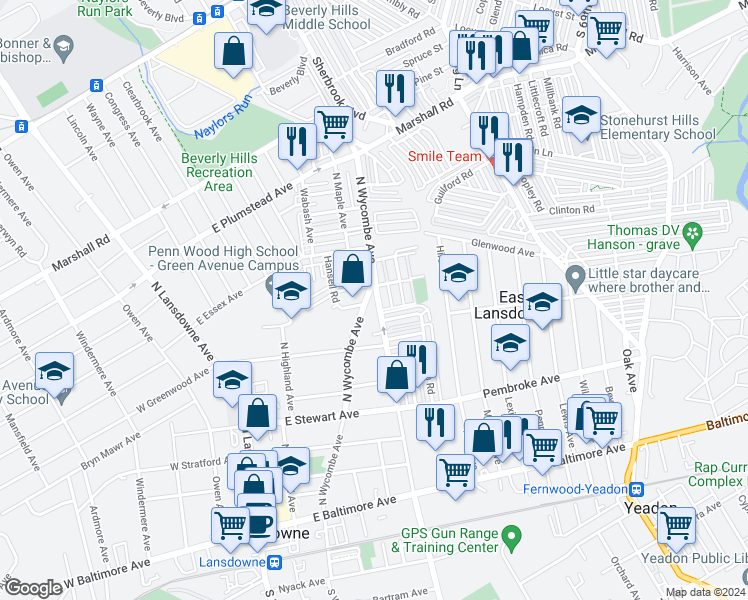 map of restaurants, bars, coffee shops, grocery stores, and more near 180 North Union Avenue in Lansdowne