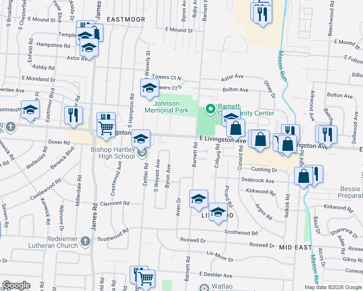 map of restaurants, bars, coffee shops, grocery stores, and more near 3341 East Livingston Avenue in Columbus