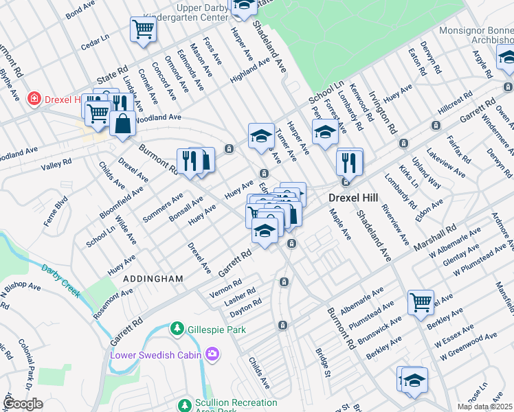 map of restaurants, bars, coffee shops, grocery stores, and more near 3715 Rosemont Avenue in Drexel Hill