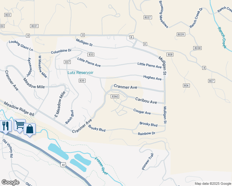 map of restaurants, bars, coffee shops, grocery stores, and more near 100 Bryant Boulevard in Fraser
