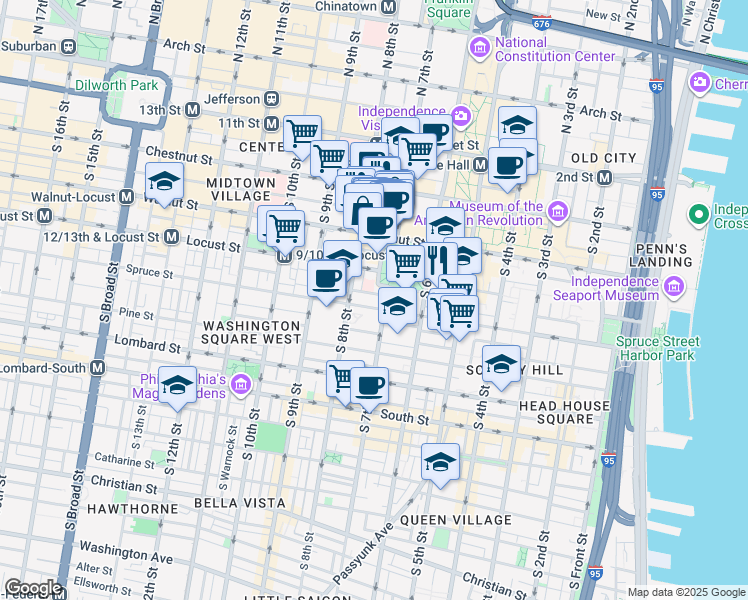 map of restaurants, bars, coffee shops, grocery stores, and more near in Philadelphia