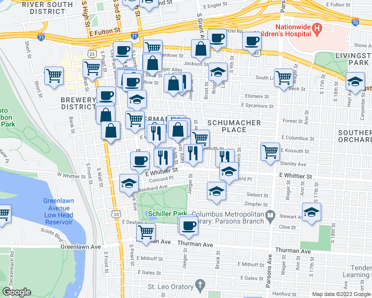 map of restaurants, bars, coffee shops, grocery stores, and more near 253 East Kossuth Street in Columbus