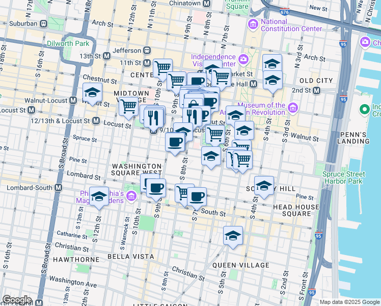 map of restaurants, bars, coffee shops, grocery stores, and more near 253 South 8th Street in Philadelphia