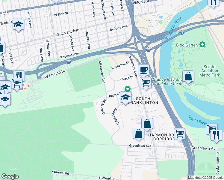 map of restaurants, bars, coffee shops, grocery stores, and more near 650 Van Buren Drive in Columbus