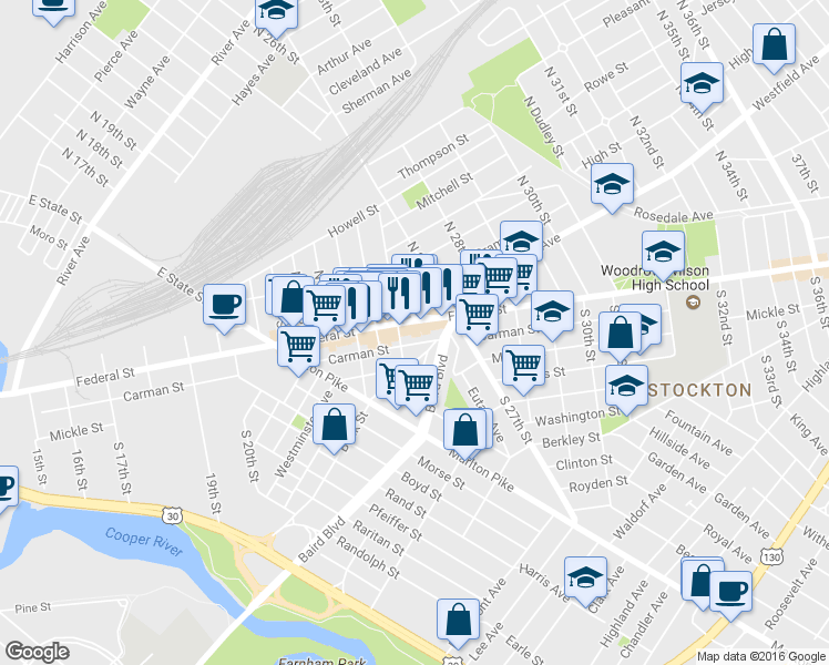 map of restaurants, bars, coffee shops, grocery stores, and more near 2616 Federal Street in Camden