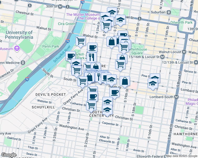 map of restaurants, bars, coffee shops, grocery stores, and more near 2137 Naudain Street in Philadelphia