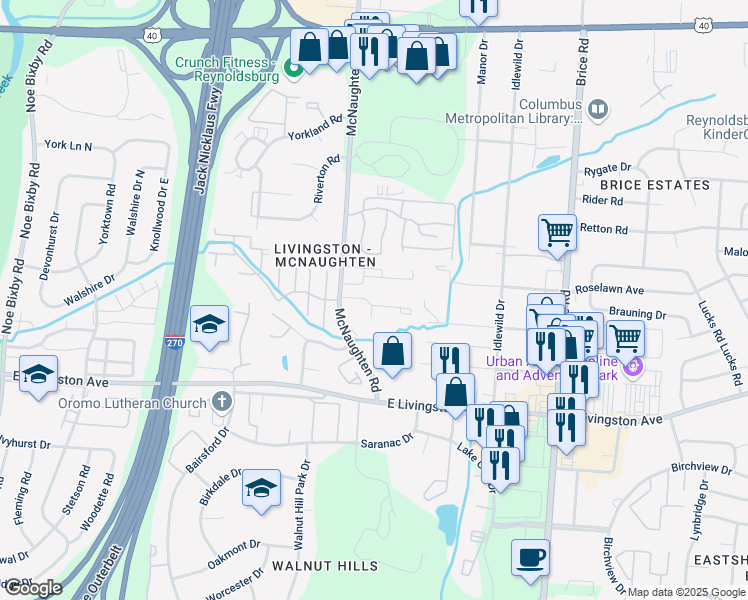 map of restaurants, bars, coffee shops, grocery stores, and more near 5890 Shana Drive in Columbus