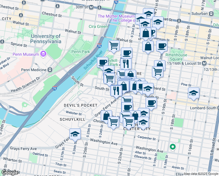 map of restaurants, bars, coffee shops, grocery stores, and more near 2426 Lombard Street in Philadelphia
