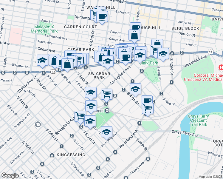 map of restaurants, bars, coffee shops, grocery stores, and more near 1009 South 48th Street in Philadelphia