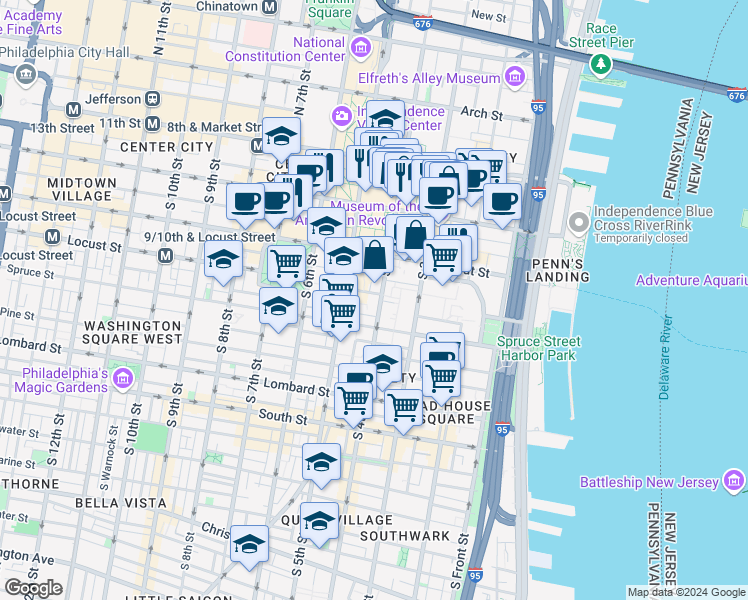 map of restaurants, bars, coffee shops, grocery stores, and more near 2 South Leithgow Street in Philadelphia