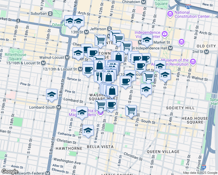 map of restaurants, bars, coffee shops, grocery stores, and more near 1000 Spruce Street in Philadelphia