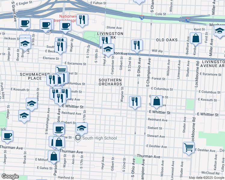 map of restaurants, bars, coffee shops, grocery stores, and more near in Columbus