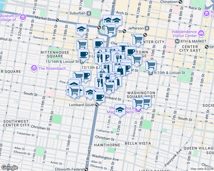 map of restaurants, bars, coffee shops, grocery stores, and more near 330 South Juniper Street in Philadelphia