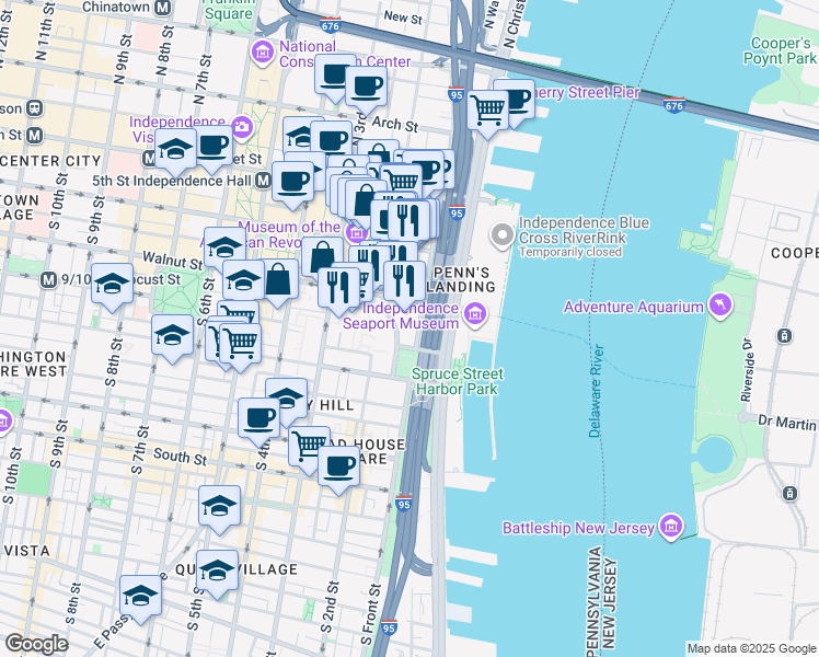 map of restaurants, bars, coffee shops, grocery stores, and more near 125 Walnut Street in Philadelphia
