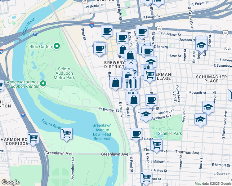 map of restaurants, bars, coffee shops, grocery stores, and more near 755 South Front Street in Columbus