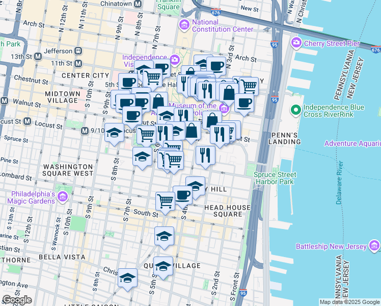 map of restaurants, bars, coffee shops, grocery stores, and more near 240 South 4th Street in Philadelphia
