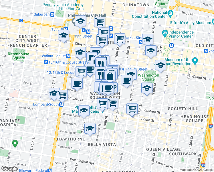 map of restaurants, bars, coffee shops, grocery stores, and more near 1008-20 Spruce Street in Philadelphia