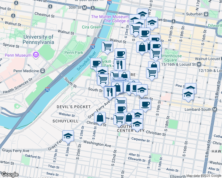 map of restaurants, bars, coffee shops, grocery stores, and more near 517 South 24th Street in Philadelphia