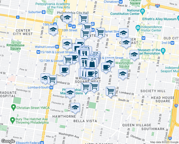map of restaurants, bars, coffee shops, grocery stores, and more near 1008-20 Spruce Street in Philadelphia