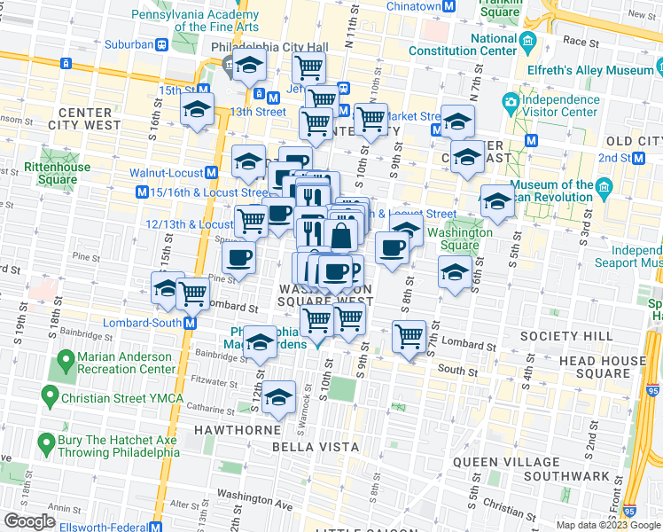 map of restaurants, bars, coffee shops, grocery stores, and more near 1029 Spruce Street in Philadelphia