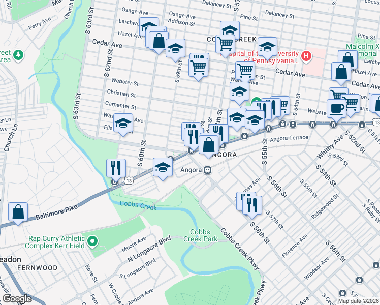 map of restaurants, bars, coffee shops, grocery stores, and more near Baltimore Ave & S 58th St in Philadelphia