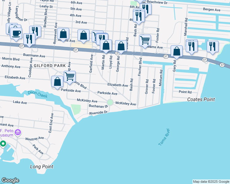 map of restaurants, bars, coffee shops, grocery stores, and more near 218 Swan Boulevard in Toms River