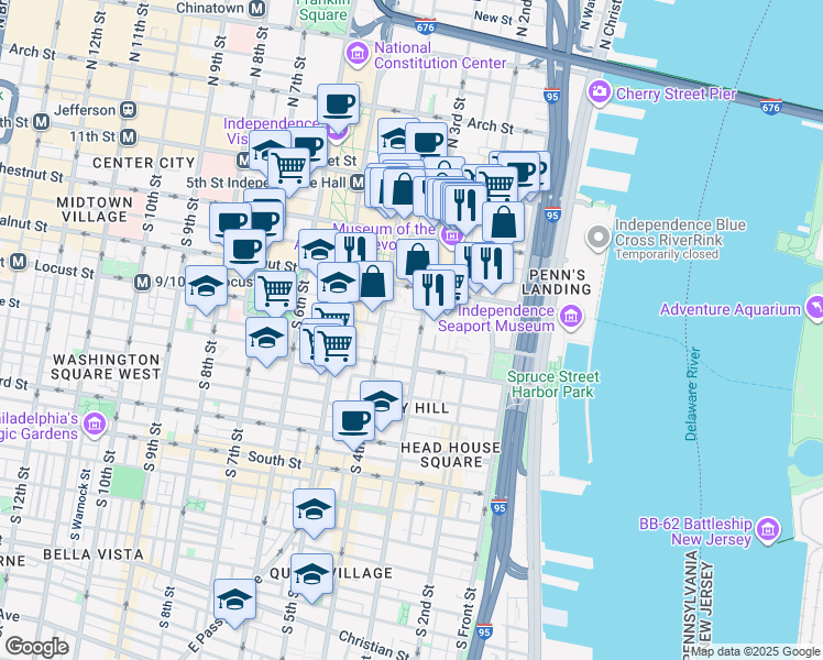 map of restaurants, bars, coffee shops, grocery stores, and more near 2 Willings Alley in Philadelphia