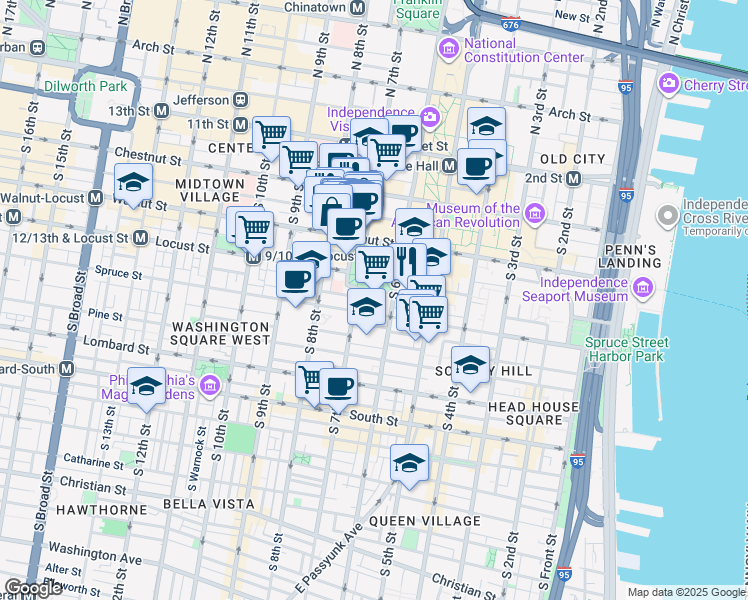 map of restaurants, bars, coffee shops, grocery stores, and more near in Philadelphia