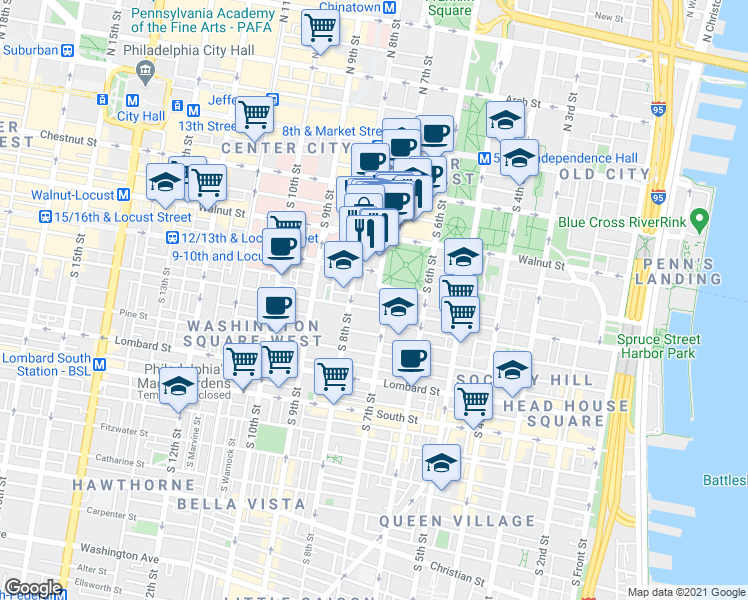 map of restaurants, bars, coffee shops, grocery stores, and more near in Philadelphia