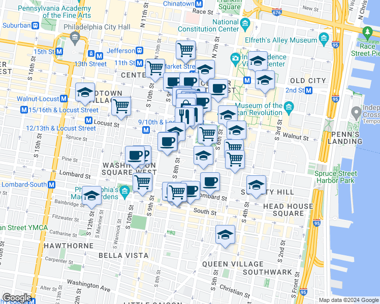 map of restaurants, bars, coffee shops, grocery stores, and more near 253 South 8th Street in Philadelphia