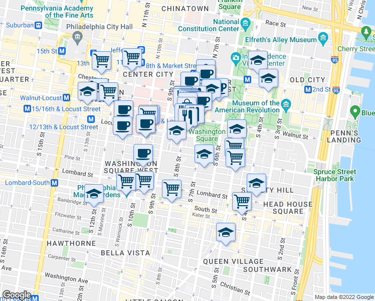 map of restaurants, bars, coffee shops, grocery stores, and more near 253 South 8th Street in Philadelphia