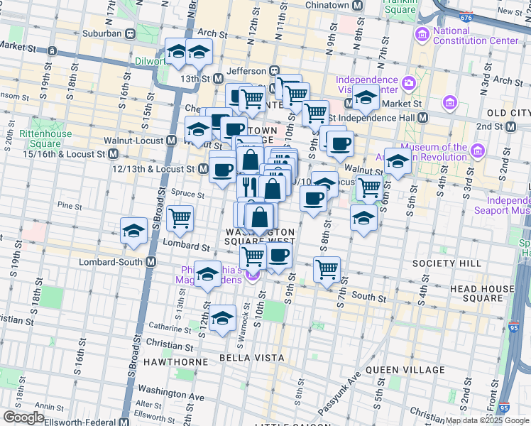 map of restaurants, bars, coffee shops, grocery stores, and more near 1029 Spruce Street in Philadelphia