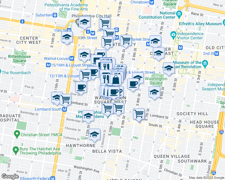 map of restaurants, bars, coffee shops, grocery stores, and more near 1008-20 Spruce Street in Philadelphia
