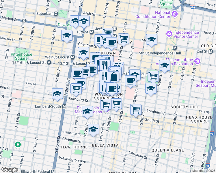 map of restaurants, bars, coffee shops, grocery stores, and more near 1029 Spruce Street in Philadelphia