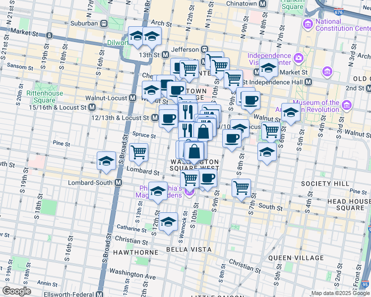 map of restaurants, bars, coffee shops, grocery stores, and more near 1029 Spruce Street in Philadelphia