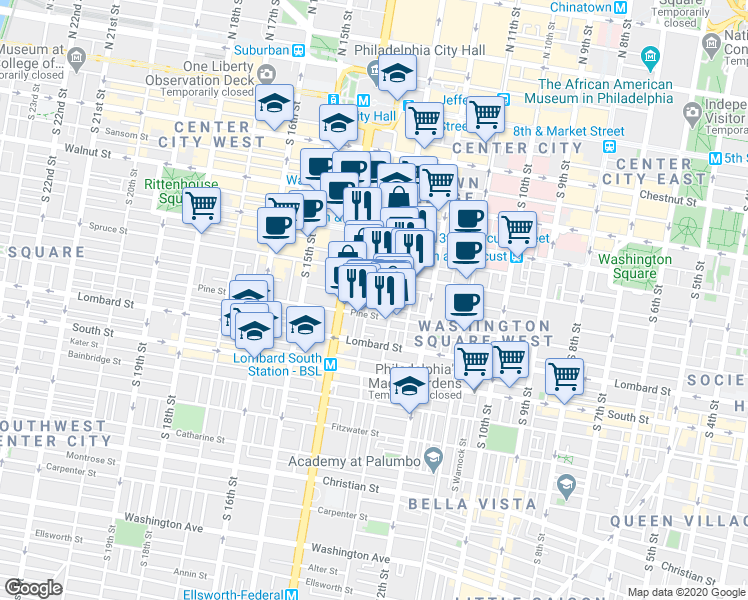 map of restaurants, bars, coffee shops, grocery stores, and more near 1314 Spruce Street in Philadelphia