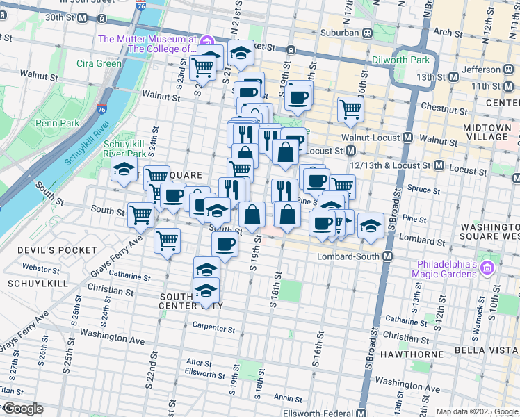 map of restaurants, bars, coffee shops, grocery stores, and more near 1920 Pine Street in Philadelphia